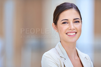 Buy stock photo Business woman, portrait and happy for job, career and workplace confidence in law firm with mockup space. Face or headshot of a young worker, lawyer or employee with integrity, values and smile