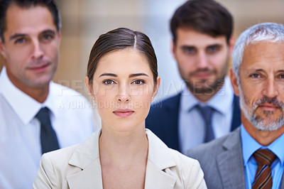 Buy stock photo Portrait, leader and group of business people with woman boss, confidence and serious at startup. Community, professional men and women together in office with team, pride and face of female employee