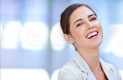 Buy stock photo Professional woman, portrait and laughing with confidence for job, career and excited for human resources. Face of business person or employee on blurred background with smile, funny and mockup