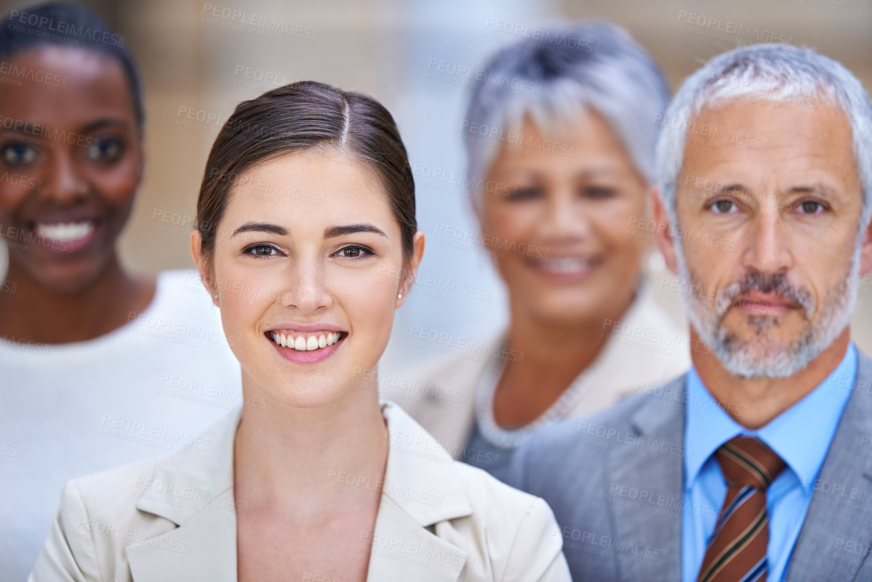 Buy stock photo Portrait, smile and group of business people with manager, confidence and solidarity at startup. Community, professional men and women together in office with teamwork, pride and happy leadership