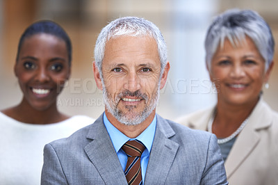 Buy stock photo Portrait, leadership and business people with senior manager, confidence and solidarity at startup. Community, professional men and women together in office with teamwork, pride and support with CEO