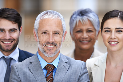 Buy stock photo Portrait, leadership and business people with manager, confidence and solidarity at startup. Community, professional men and women together in office with teamwork, pride and trust with CEO
