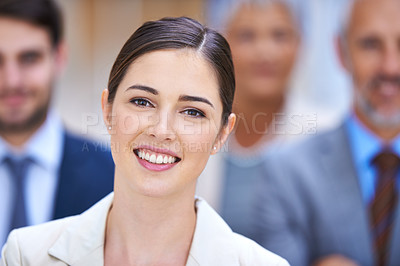 Buy stock photo Business woman, portrait and leadership for confidence, teamwork and about us in office, workplace or law firm. Face of lawyers, employees and group of people with smile or happy for career or values