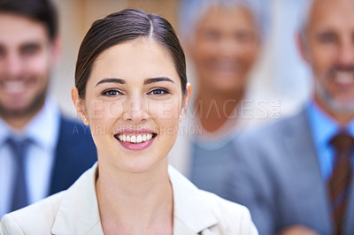 Buy stock photo Professional woman, face and leadership, confidence or teamwork for about us in workplace or law firm. Portrait of lawyers and group of people with smile or happy for business, career and integrity
