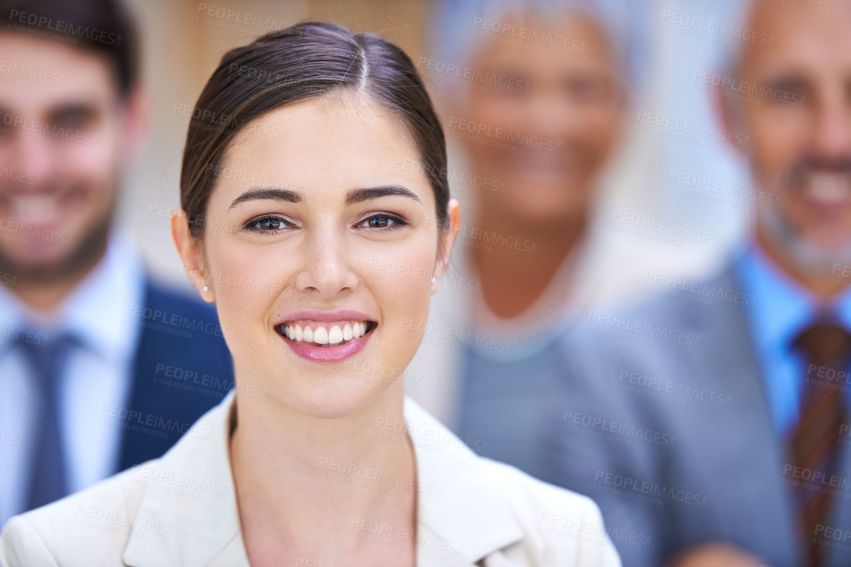 Buy stock photo Professional woman, face and leadership, confidence or teamwork for about us in workplace or law firm. Portrait of lawyers and group of people with smile or happy for business, career and integrity