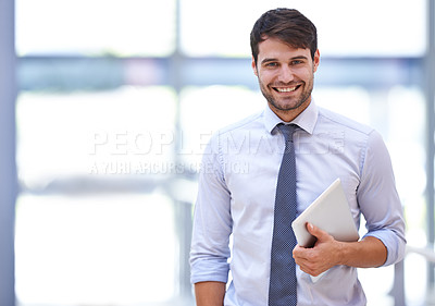 Buy stock photo Portrait, businessman and tablet in office for corporate email, website search and online work. Professional person, smile and technology with happiness for job pride, digital schedule and confidence