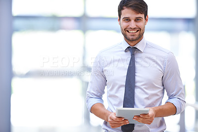 Buy stock photo Portrait, tablet and businessman in office for online work, internet and web research in office. Professional person, technology and happy with smile for job pride, digital schedule and confidence