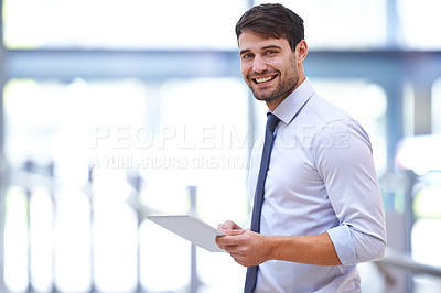 Buy stock photo Smile, tablet and portrait of man in office for business research, feedback and job pride. Professional person, technology and happy with confidence for digital schedule, email and communication