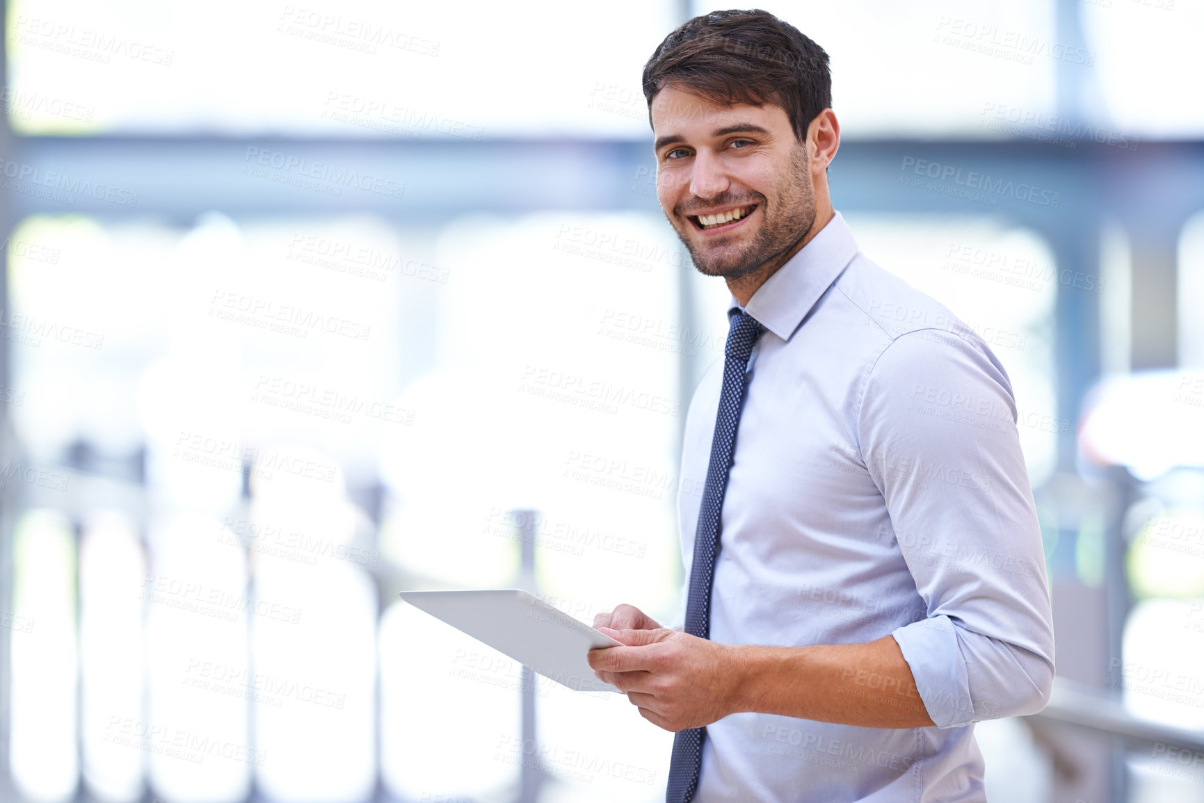 Buy stock photo Smile, tablet and portrait of man in office for business research, feedback and job pride. Professional person, technology and happy with confidence for digital schedule, email and communication