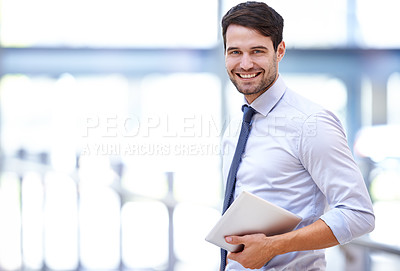 Buy stock photo Happy, businessman and portrait with tablet in office for company research, email and online work. Professional person, smile and technology with confidence for job pride, schedule and communication