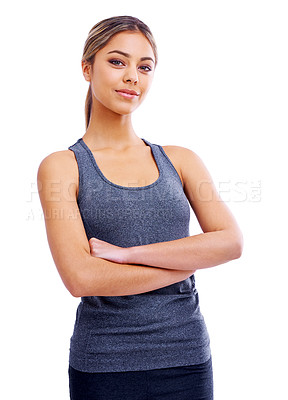 Buy stock photo Happy woman, portrait and fitness with confidence for workout, exercise on a white studio background. Face of female person or athlete with smile and arms crossed for health and wellness on mockup
