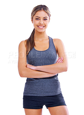 Buy stock photo Studio, athlete and portrait of woman, proud and ready to workout for fitness, health and wellness. White background, adult and female person with care for sports, exercise and muscle for girl