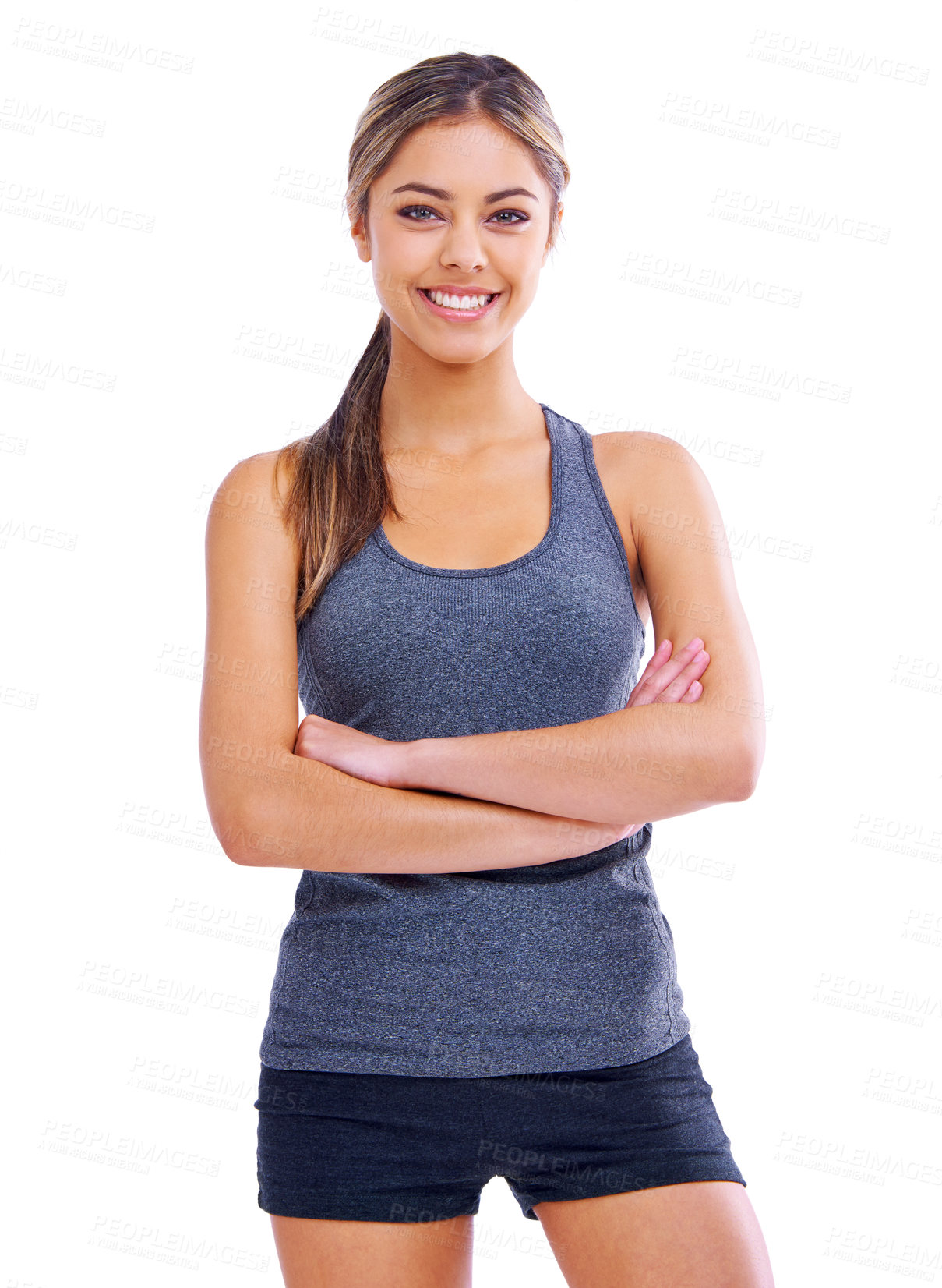 Buy stock photo Studio, athlete and portrait of woman, proud and ready to workout for fitness, health and wellness. White background, adult and female person with care for sports, exercise and muscle for girl