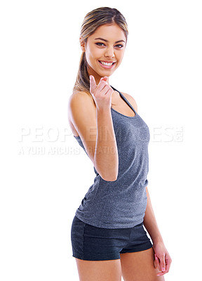 Buy stock photo Portrait of an attractive and sporty young woman against a white background