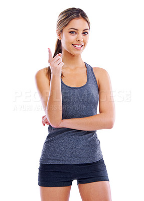 Buy stock photo Studio, runner and portrait of woman, pointing and ready to workout for fitness, health and wellness. Athlete, adult and female person with care for body with sports, exercise and muscle for girl