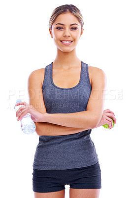 Buy stock photo Studio, runner and portrait of woman, nutrition and ready to workout for fitness, health and wellness. Athlete, adult and female person with care for body with sports, exercise and muscle for girl