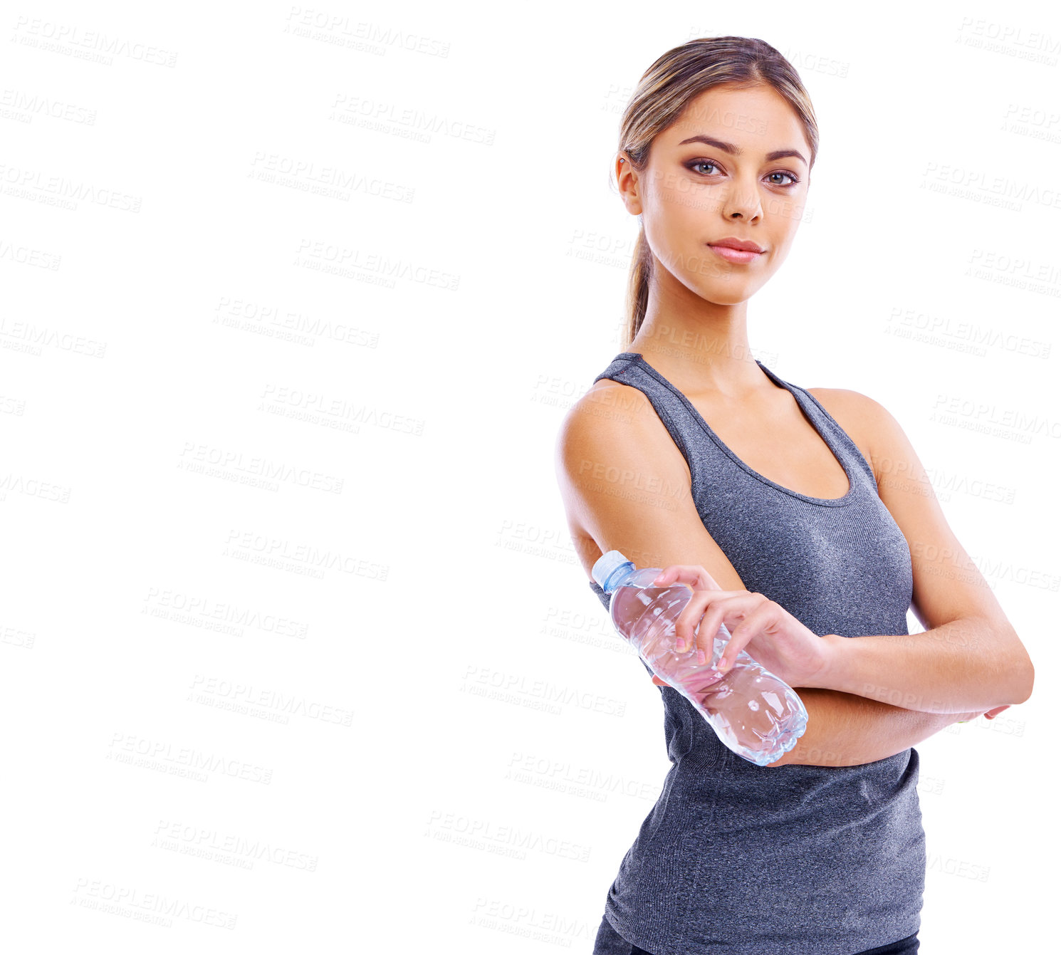 Buy stock photo Happy woman, portrait and fitness with water bottle for hydration, workout or exercise on a white studio background. Female person or athlete with smile and natural mineral drink on mockup space