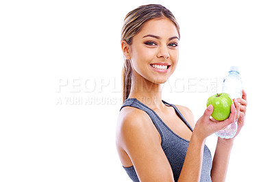 Buy stock photo Fitness, woman and portrait with apple and water in studio for gym, wellness or diet on white background and mockup. Dietician or nutritionist with smile and fruit for vitamin and workout
 
