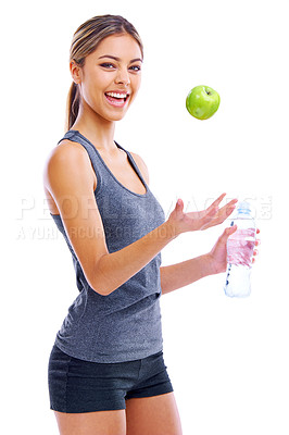 Buy stock photo Portrait, apple and woman with water bottle, fitness and smile isolated on a white studio background. Person, model and athlete with wellness and fruit with liquid and mockup space with nutrition