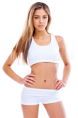 Buy stock photo Portrait, confident or woman in fitness, fashion or workout activewear in studio on white background. Female person, glow or body with arms on hips for aerobic, training or performance in gym outfit