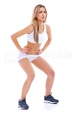 Buy stock photo Woman, breath or thinking of fitness, workout or exercise for strength, health or wellness in studio. Female person, exhale or arms on hips as planning, idea or vision of training on white background