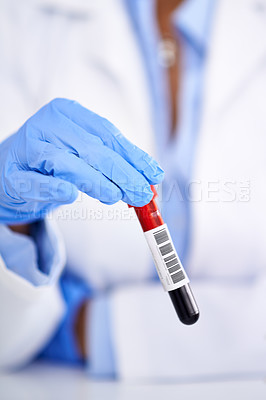 Buy stock photo Scientist, hands and blood test in laboratory for research of DNA, virus and analysis or medical study in closeup. Professional medical person or expert with sample, tube or red liquid for health