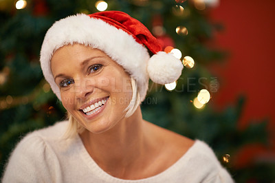 Buy stock photo Portrait of a cheerful woman wearing a christmas hat
