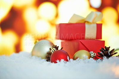 Buy stock photo Gift box, lights and Christmas background with closeup for holiday, celebration and giveaway in winter at night. Empty, bokeh and home with present, package and thanksgiving in gratitude or tradition