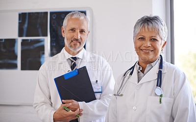 Buy stock photo Doctor, checklist and portrait in hospital with teamwork for xray results, medical advice and support. Healthcare, radiology and mature employees with collaboration for report, consultation or review
