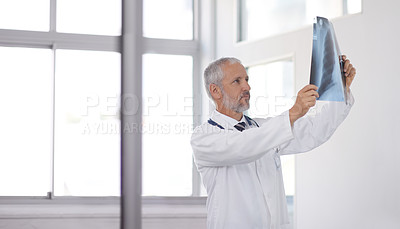 Buy stock photo Healthcare, doctor and xray in hospital with inspection for bone injury, results and review of scan. Mature person, medical professional and thinking with problem solving, solution and radiology exam