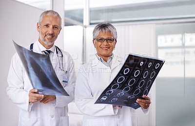 Buy stock photo Senior team of doctors in portrait with xray, people in radiology with healthcare and medical collaboration. Anatomy scan for surgery, old man and woman surgeon with smile, happy working together