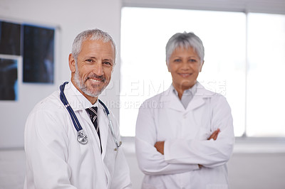 Buy stock photo Teamwork, crossed arms and portrait of doctors in hospital for collaboration, insurance and support. Healthcare, clinic and confident man and woman smile for medical care, service and consulting