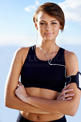 Buy stock photo Outdoor, portrait or woman with arms crossed for fitness workout, exercise or healthy wellness. Earphones, listen or happy female sports person ready to start training with confidence, music or smile