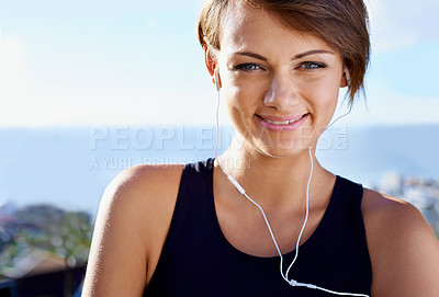 Buy stock photo Outdoor, portrait or happy woman with smile for fitness workout, exercise or healthy wellness. Break, listening or female sports person ready to start training with confidence, music or earphones