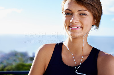 Buy stock photo Outdoor, portrait or happy woman ready for fitness workout, exercise or healthy wellness in nature park. Sky, listening or face of sports person on training break with confidence, music or earphones