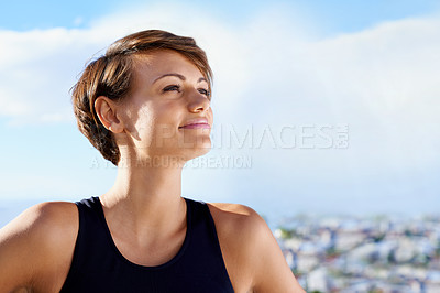 Buy stock photo Woman, smile and wellness with blue sky for fitness, training goal or thinking of exercise in nature. Athlete, active person and face or happy outdoor in summer with sportswear for workout session 