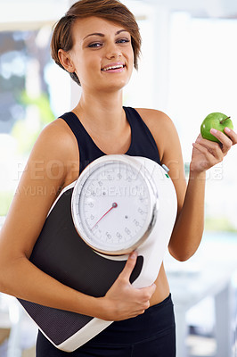 Buy stock photo Portrait, scale and happy woman with apple for diet, nutrition or wellness with healthy body. Weight loss, smile and person with green fruit, vitamin c and eating organic food for fitness outdoor