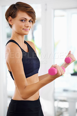 Buy stock photo Home workout, portrait or woman with fitness, dumbbells or power for strength training, gym studio or exercise. Athlete, sports or body of female person with weights, energy or strong arms for health