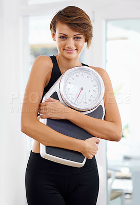 Buy stock photo Fitness, portrait or happy woman in home with scale for body training or gym workout to lose weight. Wellness, monitor or confident female sports athlete in health club for exercise progress results