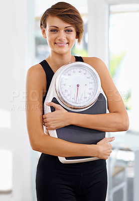 Buy stock photo House, portrait or happy woman with fitness or scale for body training or gym workout to lose weight. Wellness, monitor or confident female sports athlete in health club for exercise progress results
