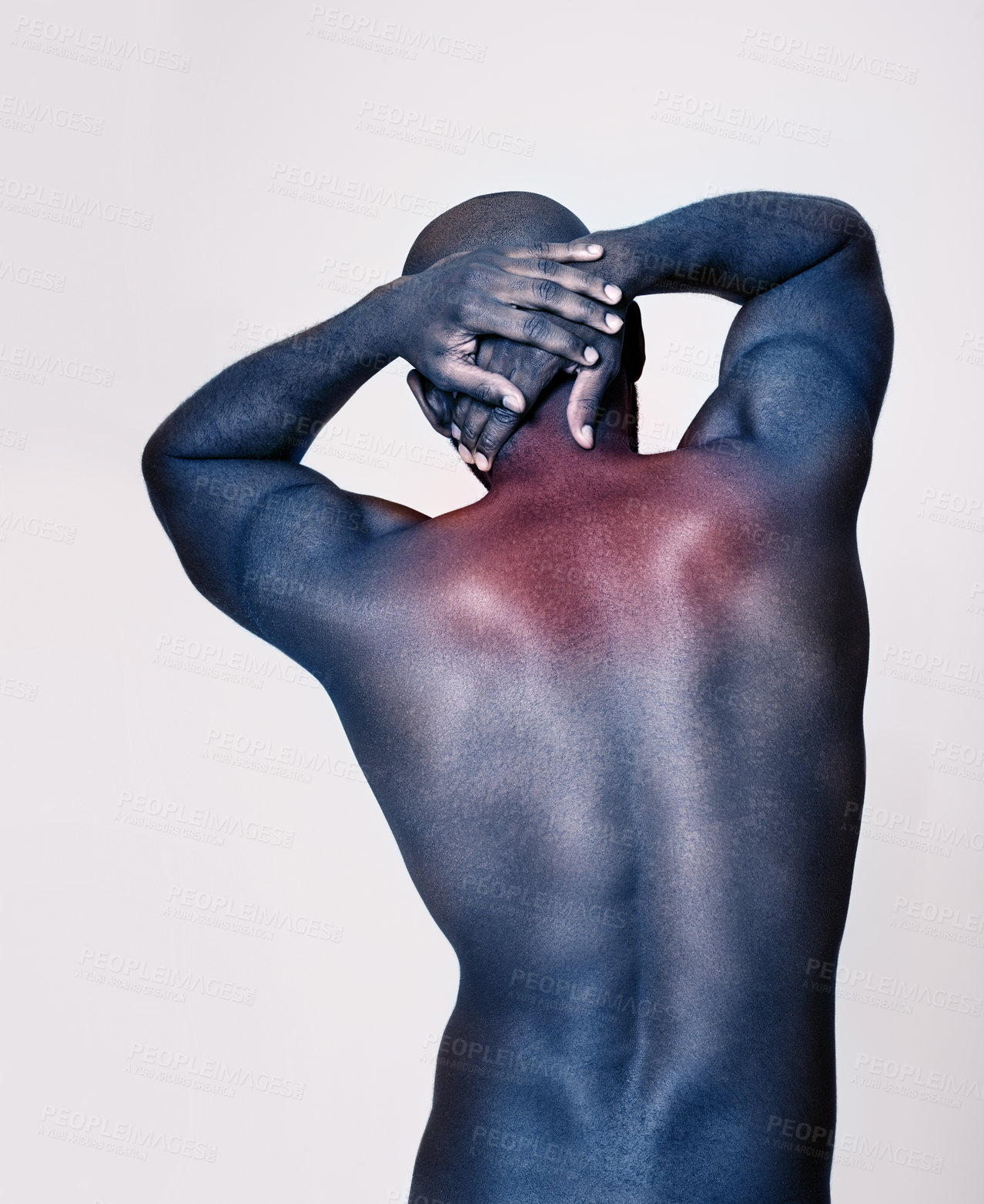 Buy stock photo Man, back and neck pain with red glow, body and injury with muscle, tension or pressure on white background. Spine, bruise or strain with fitness, overlay for anatomy and burnout with ache in studio