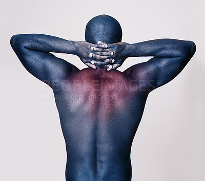 Buy stock photo Man, back and neck pain with body, red glow for injury and muscle, tension or pressure on white background. Spine, bruise or strain with fitness, overlay for anatomy and burnout with ache in studio