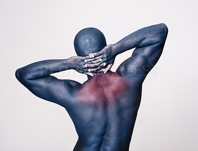 Buy stock photo Man, back and neck pain with glow, body and injury with muscle, tension or pressure on white background. Spine, bruise or strain with fitness, red overlay for anatomy and burnout with ache in studio