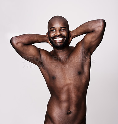 Buy stock photo Happy black man, portrait and abdomen muscle in studio for sports, workout and exercise of bodybuilder isolated on white background. Face, strong abs and naked or topless African person with health