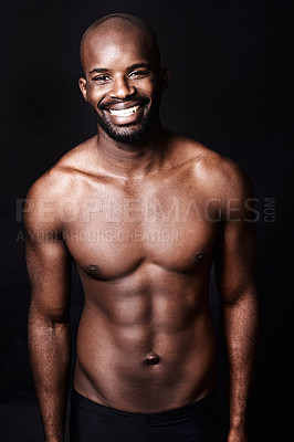 Buy stock photo Black man, shirtless and body with smile in portrait, fitness and health with muscle or abs on dark background. Exercise, sport and athlete with six pack, confident and masculine with testosterone