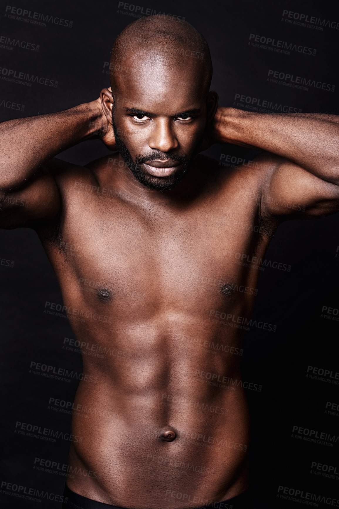 Buy stock photo Black man, shirtless and body with abs in portrait, fitness and health with muscle on dark background. Exercise, sport and athlete with six pack, confident and masculine with testosterone in studio