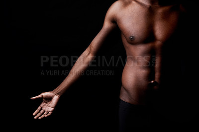 Buy stock photo Black man, body, and muscle with fitness in shadow for exercise or workout on a dark studio background. Closeup of young African male person or bodybuilder with masculine or muscular figure on mockup