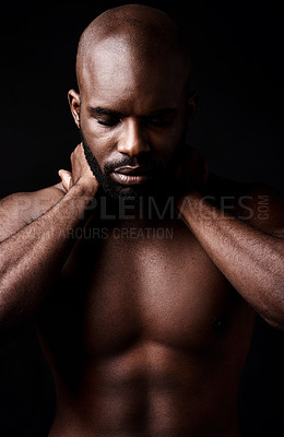 Buy stock photo Black man, relax and muscle with fitness, fashion or masculine figure on a dark studio background. Face of calm, attractive or muscular African, male person or bodybuilder in health and wellness