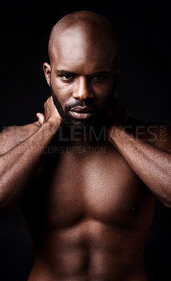 Buy stock photo Black man, portrait and model with muscle in fitness, fashion or masculine figure on a dark studio background. Face of attractive or serious African, male person or bodybuilder in health and wellness