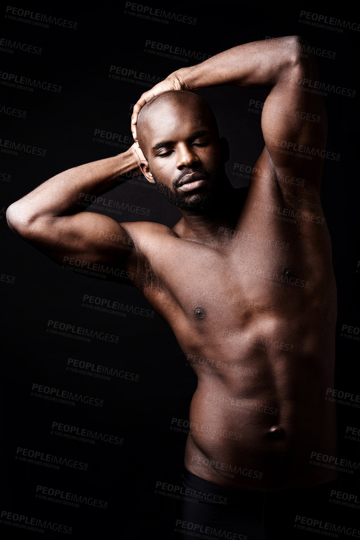 Buy stock photo Black man, fitness and body muscle in studio for sports, workout or exercise isolated on dark background. Strong, abs and topless African person with eyes closed for health or wellness of bodybuilder